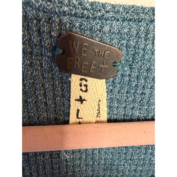 Free People We The Free Teal Waffle Knit Patchwork Balloon Sleeve Thermal Top L - Picture 3 of 5